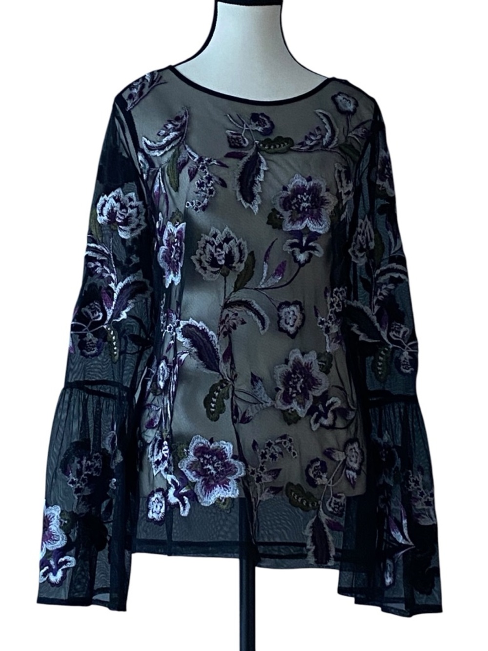 Black Sheer Floral Embroidered Bell Sleeve Top Size XL